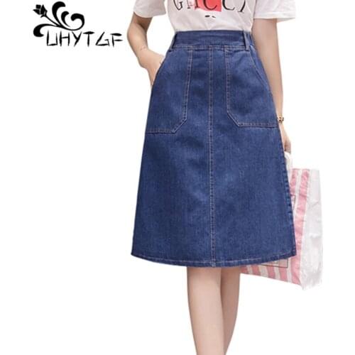 UHYTGF Summer denim skirts women fashion pocket elegant student jeans skirt blue high waist elastic waist a plus size skirt 1048