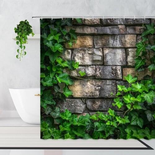 Green Ivy Shower Curtains Plant Flower Stone Wall Garden Window Landscape Bathroom Decor Bath Curtain Polyester Fabric Washable