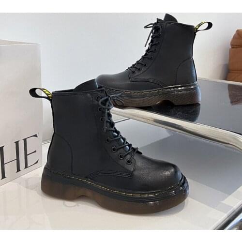 2021 New Motorcycle Womens Boots Winter Soft Leather Shoes Black Wedges Female Lace Up Platforms Women White Botas Mujer