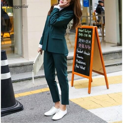 Spring and Autumn Womens Work Pants Set 2-Piece Set Fashion Solid Color Blazer and Pencil Pants Office Ladies Set