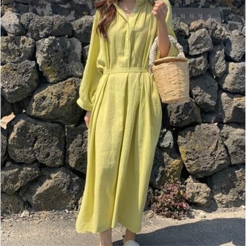 Womens Solid Color Loose Long Dress Plus Size Single Breasted Cotton And Linen Casual Dresses with Belt