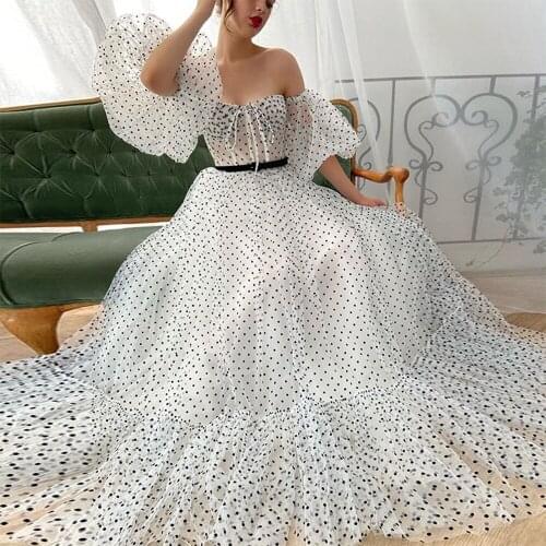 2020 High Quality Elegant Party Dress Dots Sweetheart Boat Neck Sashes Ruffles Prom Dress