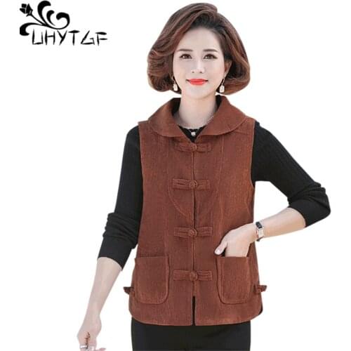 UHYTGF 2021 New Spring Autumn Vests For Women Vintage Buttons Corduroy 5XL Plus Size Waistcoat Jacket Elegant Mother Coats 1382