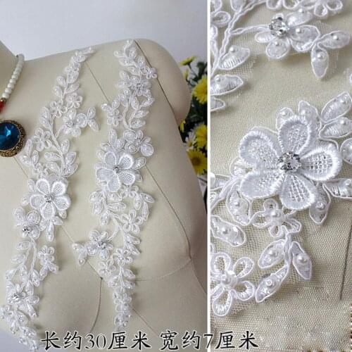 2Pieces Lace Appliques Beaded Rhinestone Lace Patch Mirror Pair For Wedding Dance Bridal Headbands Costume Design
