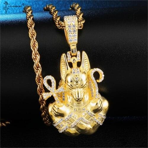 Ancient Egyptian Life Symbol Anubis Ankh Cross/ Lion Head Pendant & Necklace Men Charm Hip Hop Bling Iced Out Animal Pendant