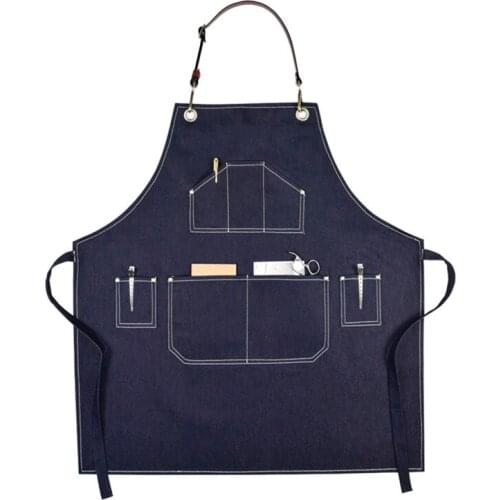 Denim Bib Apron Leather Cotton Straps Barber Hairdresser Florist Work Wear Barista Baker Bartender Pastry Chef Uniform E43