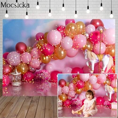 Pink Balloon Arch Birthday Cake Smash Photography Backdrop Music Box Baby Shower Girl Birthday Portrait Background Photo Studio