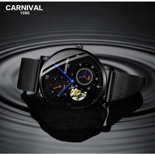 CARNIVAL Automatic watch men Blue needle Small second dial 24 hours display Fashion Tourbillon Mechanical Watches Montre homme