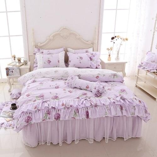 Purple Print Princess Bedding Set Queen King Size 6/8pcs Lace Bedclothes Ruffle duvet cover Bed skirt sheet Cotton Home Textile