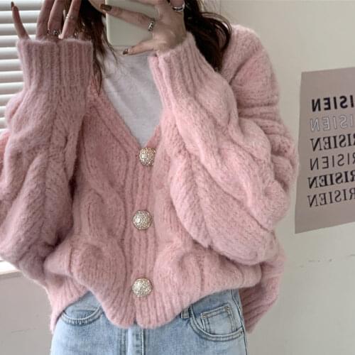 Hstar Korean Twisted Short Causal Sweater Cardigan Long Sleeve V-neck 2021 Autumn Winter New Solid Women Knitted Jacket
