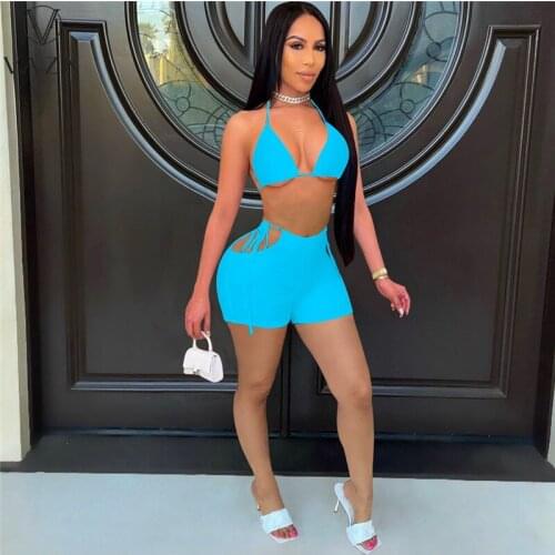 VAZN 2021 Summer Solid Beach Sexy Open Young Soft Fashion Bikini Top Short Pants Slim Women 2 Piece Set Women Wear