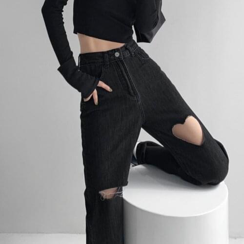 TVVOVVIN Fashion Autumn Hot Girl Black Love Broken Hole Jeans Loose Straight High Waist Floor Mops Autumn Pants Sexy Ladies RH98