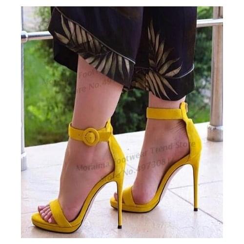 Moraima Snc Thin Heels Woman Sandal Yellow Red Suede Ankle Strap Sexy Shoes Summer Open Toe Gladiator Sandal Party Heels