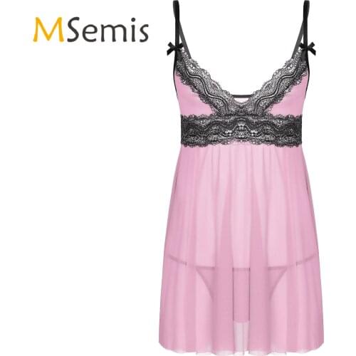 Mens Sexy Baby Doll Lingerie Dress Lace Trim Chemise Sexy Clothes Erotic Underwear Sleepwear Sissy Lingerie for Crossdressing