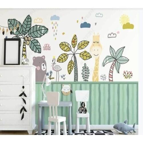 Papel de parede Nordic hand drawn cartoon tropical forest small animal childrens room 3D wallpaper mural,living room home decor