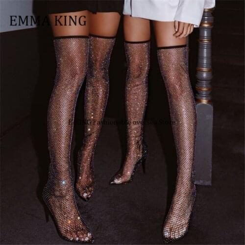 New Spring Crystal Mesh Boots Designer PVC Runway High Heels Shoes Women Shoes Thin Heels Pumps Sexy Ladies Party Wedding Shoes