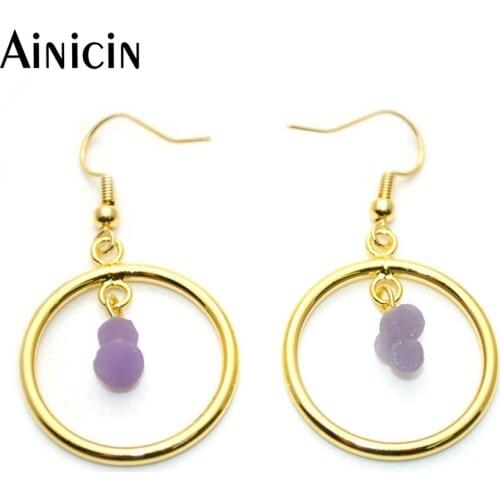 New Arrival Big Circle With Violet Natural Druzy Crystal Grape Shape Dangle Earrings Fashion Luxury Women Jewelry 5pairs/lot