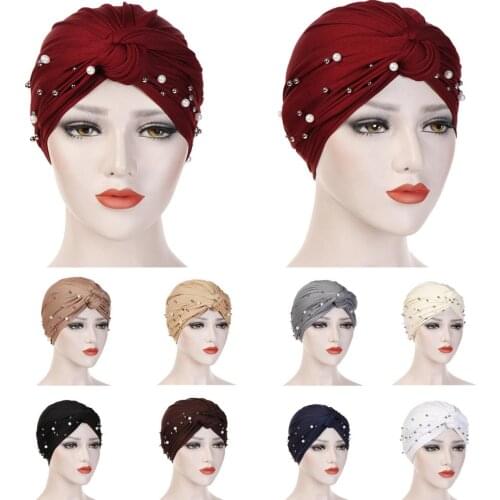 New Muslim Women Turban Cross Pearl Beads Hat Cancer Chemo Beanies Cap Headwear Headwrap Hair Loss Cover Bonnet India Head Scarf
