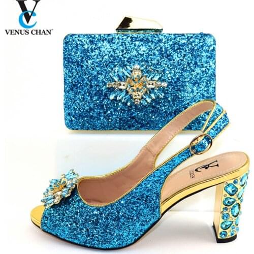 2020Blue Elegant Style Nigerian Women Shoes And Bag To Match Set African High Heels Party Shoes And Bag Set For Wedding Dress