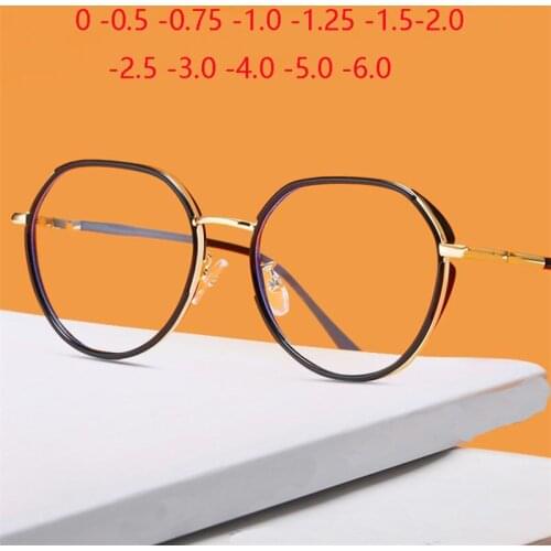 Stainless Steel Polygon Women Blue Light Proof Myopia Glasses With Degree Computer Prescription Spectacles 0 -0.5 -0.75 To -6.0