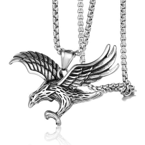 Vintage Eagle Pendant Necklaces for Men Wings Stainless Steel Animal Necklace Male Fashion Punk Jewelry 24Inch