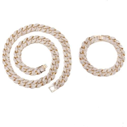 16 MM Mens Hip Hop Necklace Golden Silver Color Cuban Link Chain Ice Out Miami Rap Bracelets Womens Jewelry Set Full Crystal