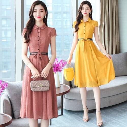 Summer chiffon dress women retro short-sleeved slim tunic dress office ladies Pink yellow long work dress high quality