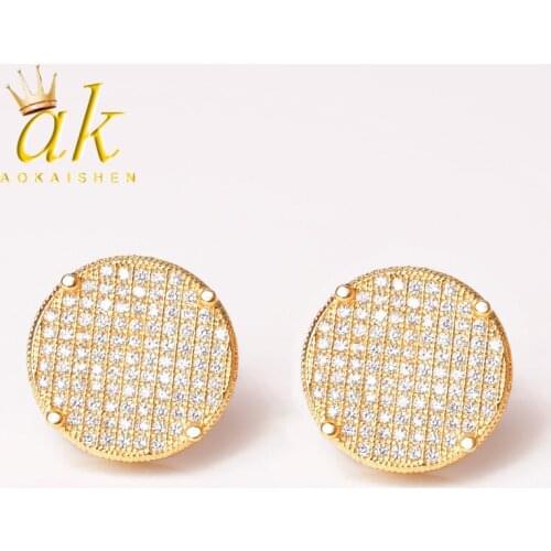 14MM Gold Color Big Round Stud Earring AAAA Cubic Zircon Screw Back Mens Earrings Fashion Hip Hop Jewelry