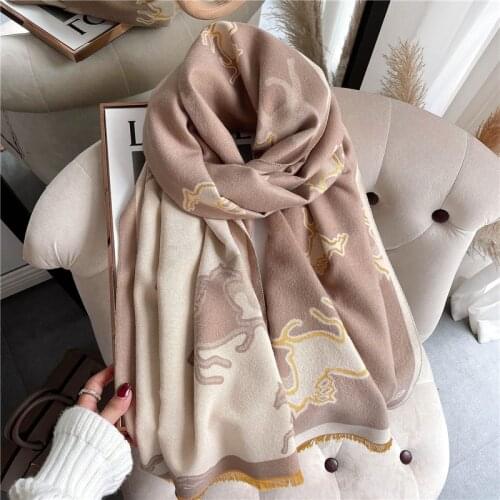 Winter Scarf Women Pashmina Shawls Thick Horse Animal Wraps Warm Lady Blanket Design Print Fashion Stoles Foulard 2021 New