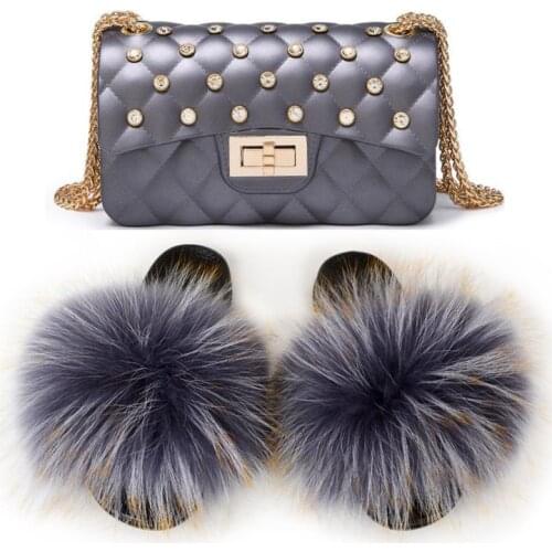 Summer Ladies Fashion Plush Slides Women Fox Fur Slippers Fluffy Furry Shoes Female Diamond Chain Jelly Bag Set Shoulder Handbag
