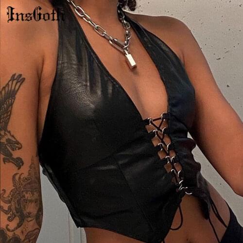 InsGoth Y2K Leather Bandage Black Camisole E Girl 90s Punk Sexy Hollow Out Camis Women Harajuku Streetwear Backless Halter Tops
