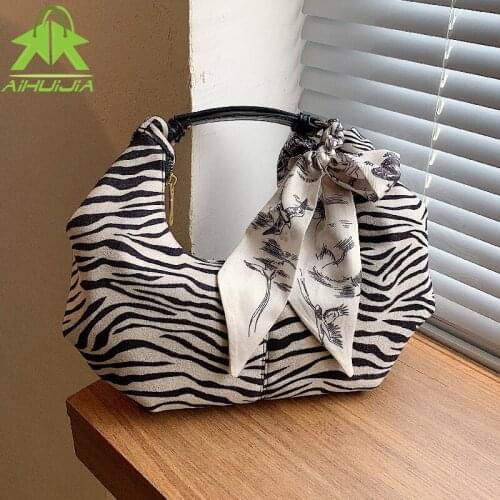 Vintage Zebra Pattern Shoulder Underarm Bag for Woman Fashion Ribbon Handbag New High Quality Semicircle Female Messenger Bags