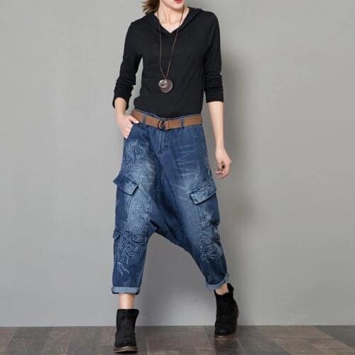 New Drop-crotch Harem Denim Trousers Women BF Style Cowboy Joggers Pants embroidery Streetwear dance baggy cross Jeans with belt