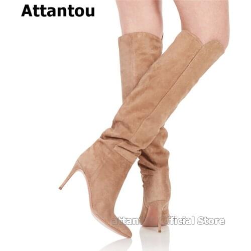 Beige Black Botas Mujer Women Warm Winter Boots Suede Leather Stiletto Heeled Slip-On Knee High Boots Women Thin High Heels Shoe