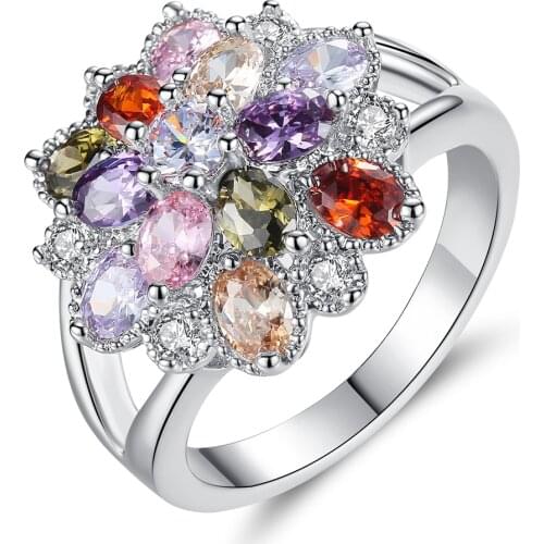 Ladies Charm Rainbow Crystal Ring Flower Glamour Fashion Single Glamour Metal Ring Colorful Zircon Party Ring Jewelry Gift