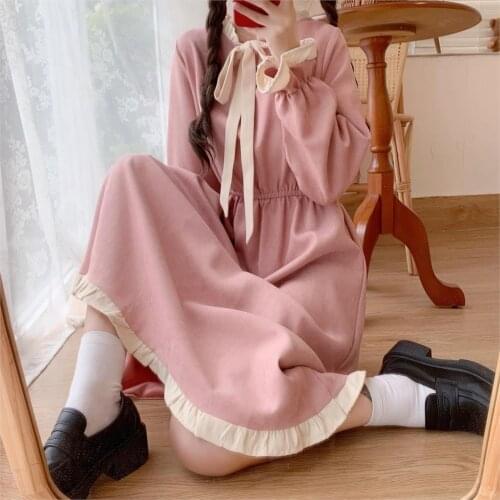 JuneRain Women Lolita Dress Japanese Sweet Fungus Bow Tie Kawaii Trumpet Sleeves Daily Dress Tea Party Gothic Lolita Dress