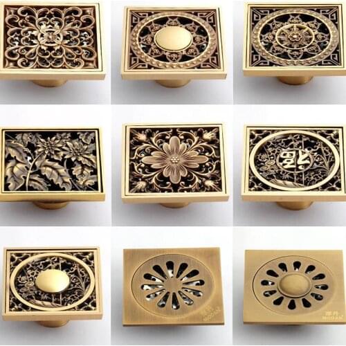 055 Antique Brass Floor Drains Shower Floor Drain Bathroom Deodorant Euro Square Floor Drain Strainer Bathroom accesso
