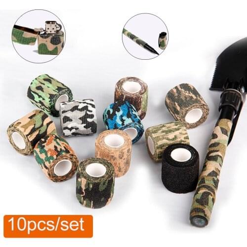 10PCS Tactical Camo Stretch Bandage Self Adhesive Tape Hunting Bionic Camo Bandage Stealth Airsoft Paintball Camouflage Tape