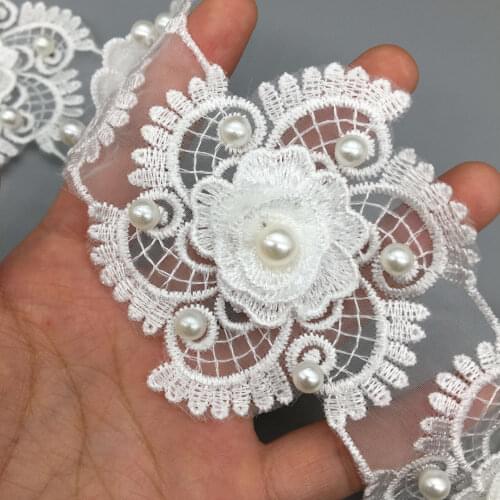 10x Pearl 3D Flower Embroidered Lace Trim Applique Trimming Ribbon Fabric Sewing Craft Patches Handmade Wedding Dress Decoration