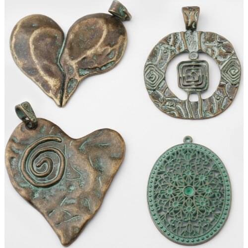 2pcs Verdigris Patina Antique Greek Bronze Charms Embossed Heart Pierced Vortex Spiral Flower Large Pendant Jewelry Findings