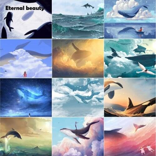 Diamond Painting Cross Stitch Kits Blue Sky and Sea Whale and Girl Scenery Pictures of Rhinestones Mosaic Art Paintings Handmade
