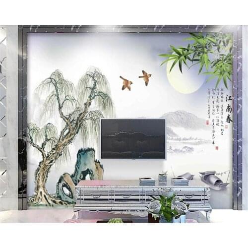 Beibehang HDwallpaper for walls 3 d layered ink willow bamboo boat Jiangnan spring Chinese mural wallpaper background wall