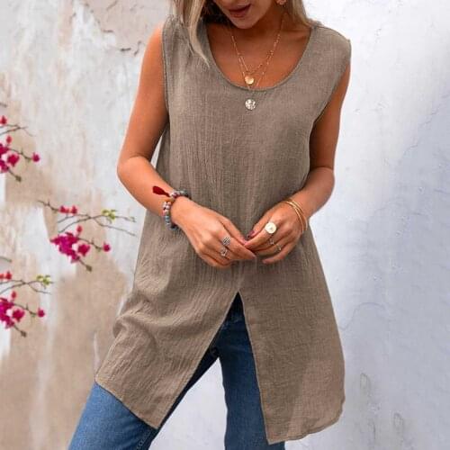 Summer Women Linen Top Blouses Gray White Solid Color Vest Top Female Split Blouse Tunics For Dress Camisas