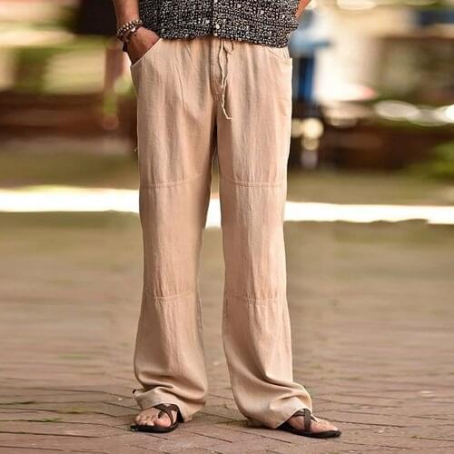 Straight Pants Men Cotton Linen Plus Size Cpants Wide Leg Casual Elastic Waist Pockets Long Pants Trousers Men