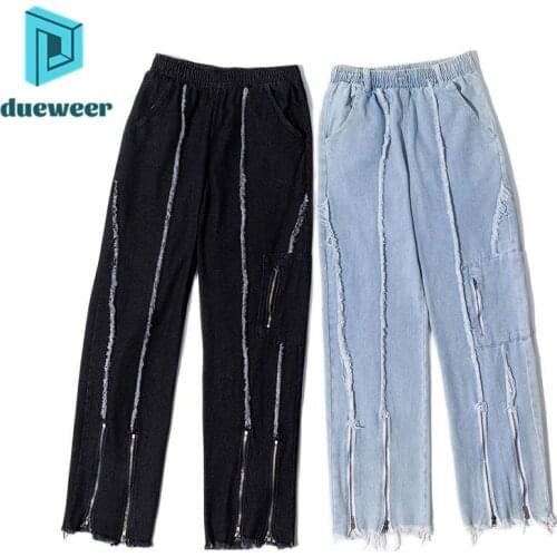 DUEWEER Double Zippers Wide Leg Jeans Hip Hop Raw Edge Irregular Cut Denim Pants Loose Casual Fashionable Black Blue Jeans