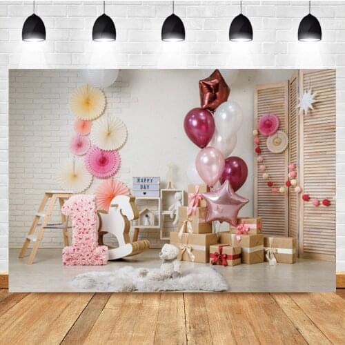 Laeacco Balloon Gift Trojan Chair Shelf Paper Flowers Photography Backdrops 1st Birthday Photophone Baby Child Photo Backgrounds