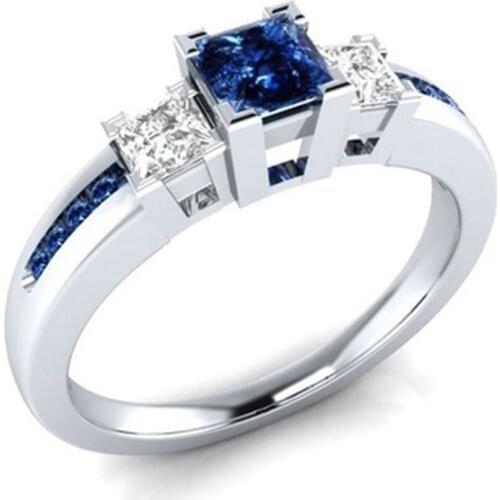 Unisex Male Female Blue Square Zircon Ring Fashion Silver Color Wedding Band Crystal Promise Engagement Rings For Men And Women