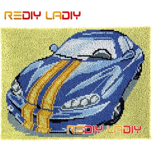 Latch Hook Rug Blue Racing Cars Plush Wall Tapestry DIY Carpet Rug Thick Yarn Arts Cushion Crocheting Floor Mat Home Decor Gifts