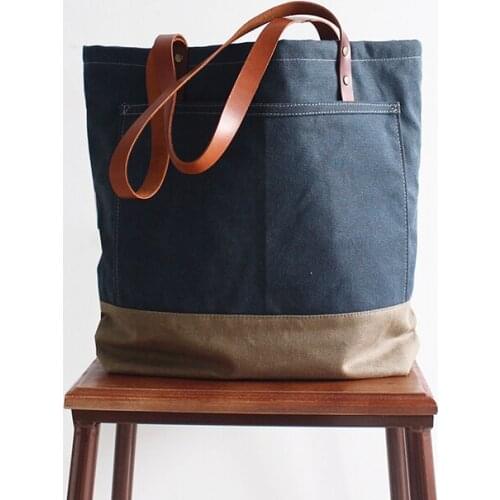 Handcrafted Leather Canvas Tote Bag Womens Fashion Bag School Bag Handbag Shoulder bag Totes Diaper bag
