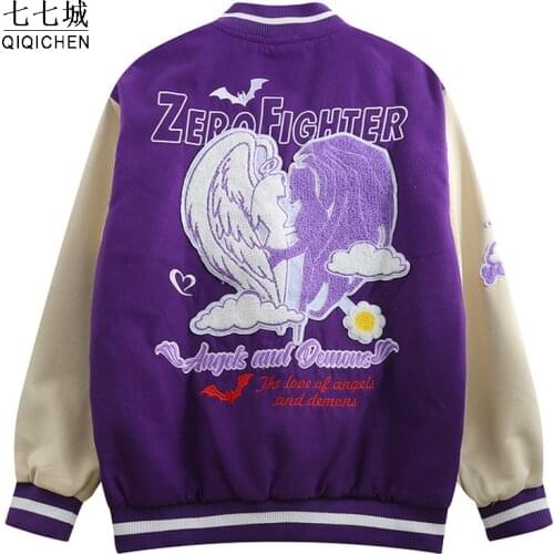 Streetwear Baseball Jacket Men Embroidery Heart Angel Devil Bomber Coats Hip Hop Fashion Casual Loose Varsity Jackets Unisex